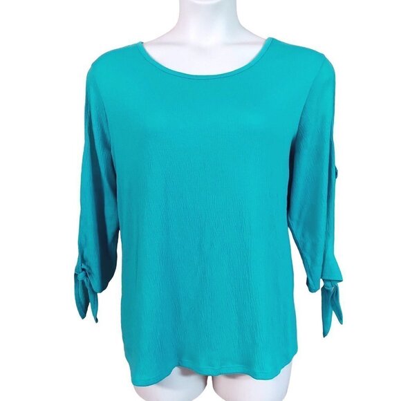 Cato Women's Plus Size Textured Green Cold Shoulder Tie Sleeve Top - Picture 1 of 7